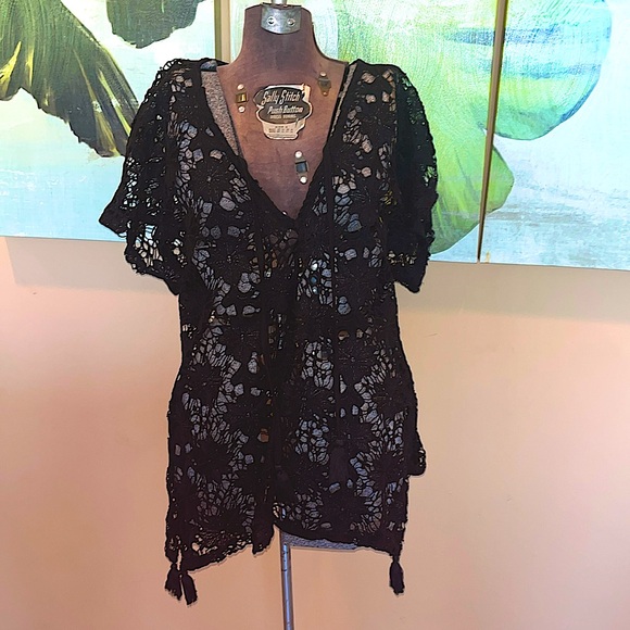 NWT Black lace swim cover up with ties and tassels sz M black sheer lace - Picture 2 of 6